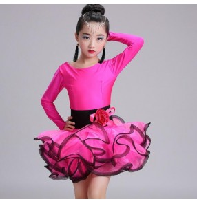 Neon green fuchsia hot pink long sleeves round neck girls kids children ruffles skirts competition performance professional ballroom latin cha cha dance dresses